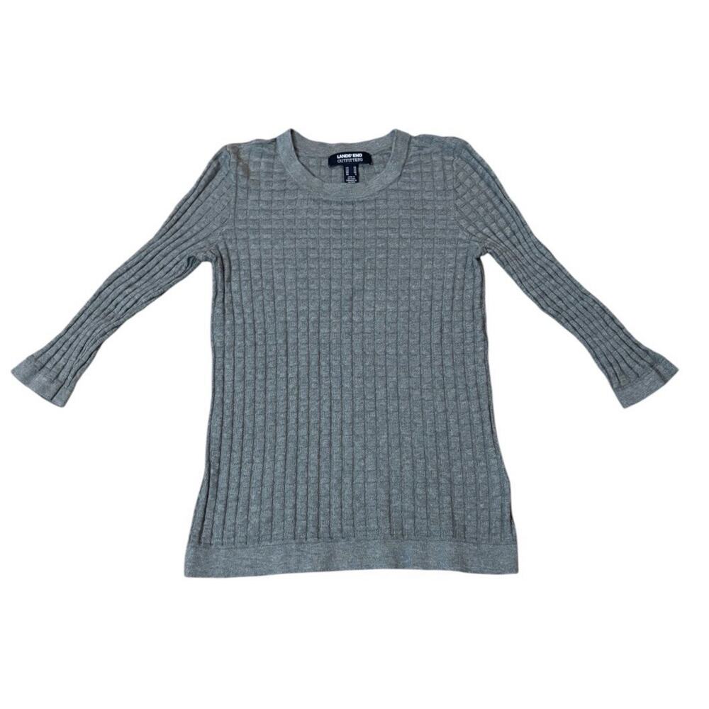 Lands' End Gray Ribbed Grid Knit Top Crew Neck 3/4 Sleeve XS Waffle Knit - Picture 2 of 7